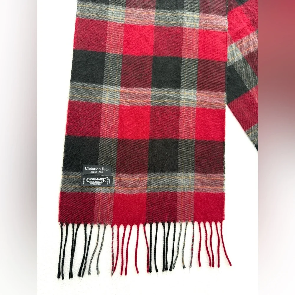 Christian Dior Monsieur Plaid Fringe Red Cashmere 100% Acrylic Scarf